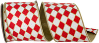 White Red 4 Inch Harlequin Solid Diamond Outline Gilded Deluxe Wired Edge Ribbon for Wreaths & Bows