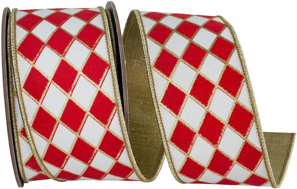 White Red 2-1 2 Inch Harlequin Solid Diamond Outline Gilded Deluxe Wired Edge Ribbon for Wreaths & Bows
