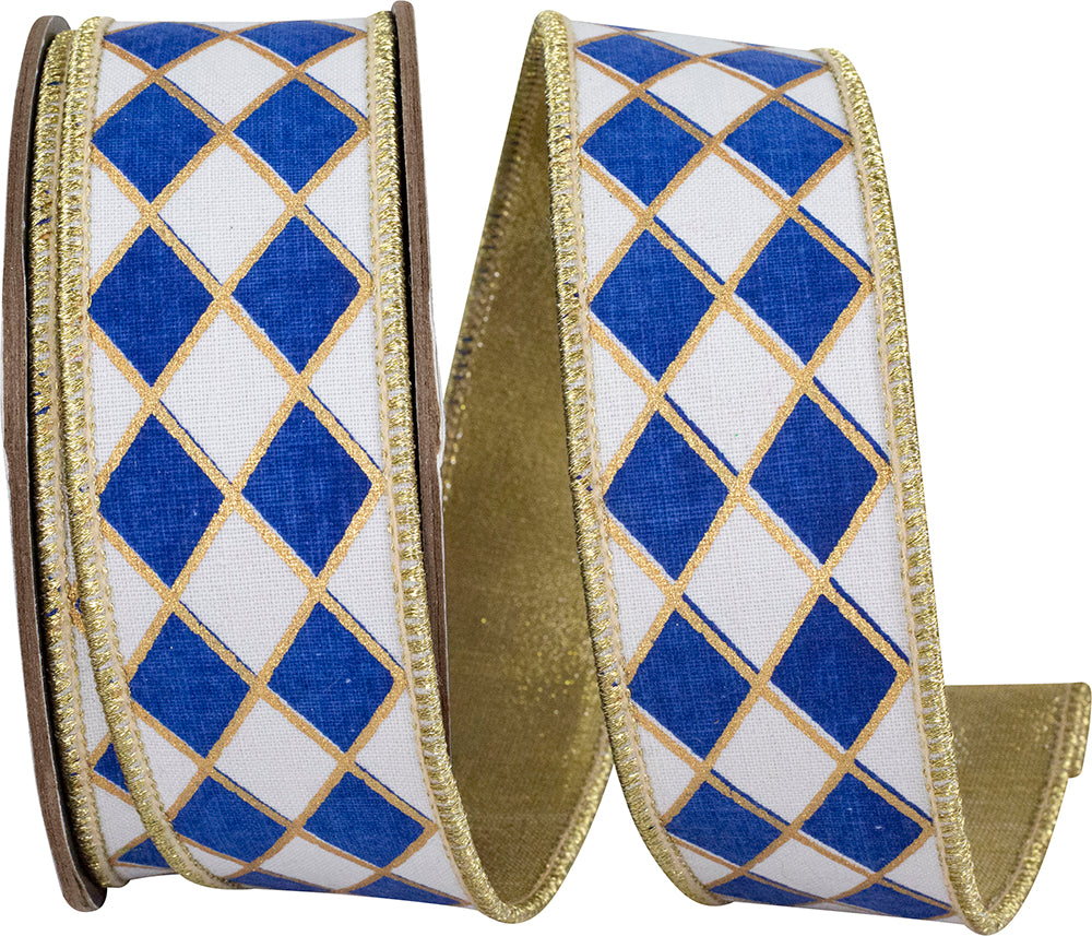 Harlequin Diamond Outline Wired Edge Ribbon White Royal 1-1/2 Inch