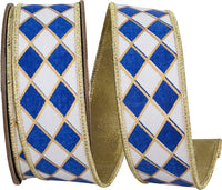 Harlequin Diamond Outline Wired Edge Ribbon White Royal 1-1/2 Inch