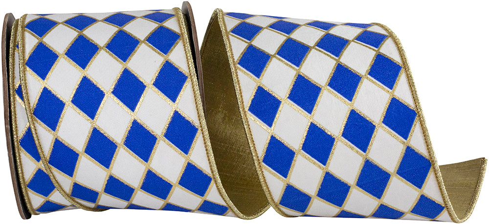 Harlequin Diamond Outline Wired Edge Ribbon White Royal 4 Inch