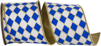 Harlequin Diamond Outline Wired Edge Ribbon White Royal 4 Inch