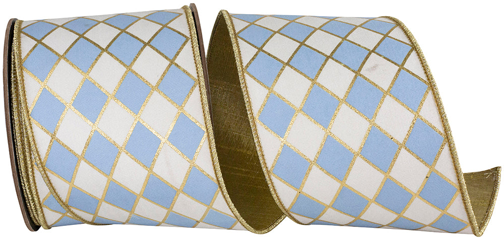 Harlequin Diamond Outline Gilded Wired Edge Ribbon 4 Inch White French