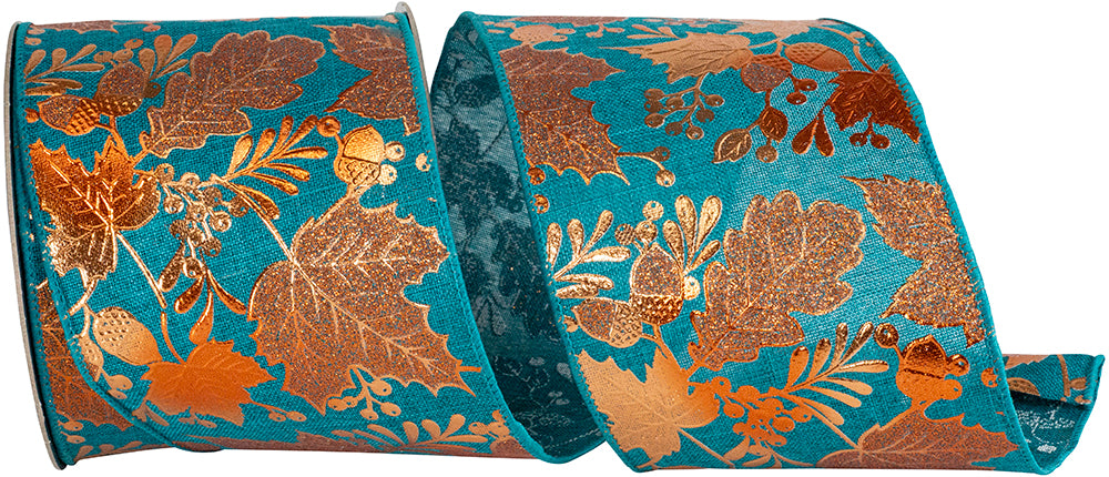 Teal 4 Inch Metallic Copper Linen Wired Edge Ribbon