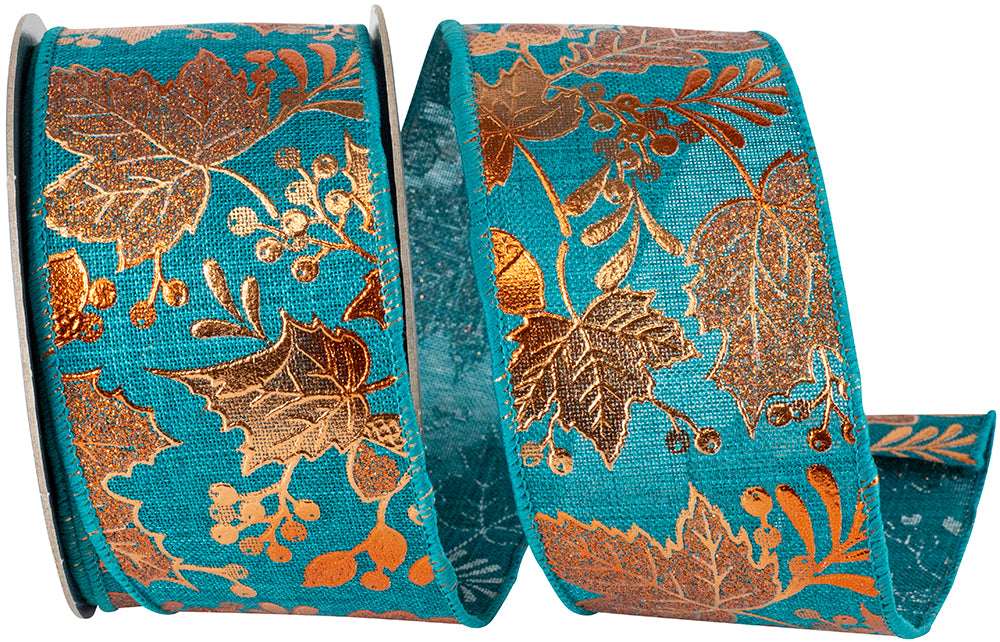 Teal 2-1/2 Inch Metallic Copper Linen Wired Edge Ribbon