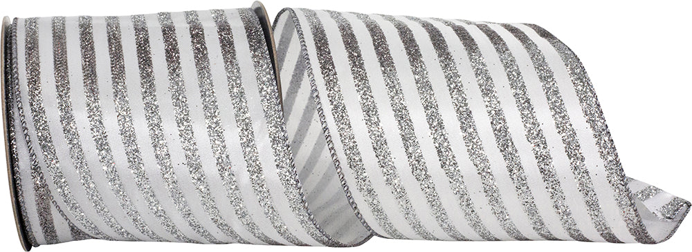 Glitter Bling Stripes Wired Edge Ribbon White Silver 4 Inch