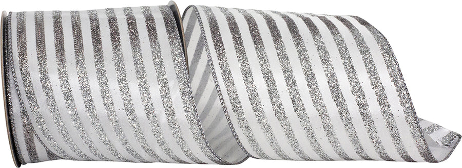 Glitter Bling Stripes Wired Edge Ribbon White Silver 4 Inch