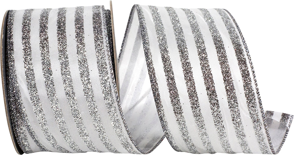 Vertical Glitter Bling Stripes Wired Edge Ribbon White Silver 2.5 Inch