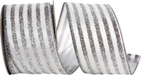 Vertical Glitter Bling Stripes Wired Edge Ribbon White Silver 2.5 Inch