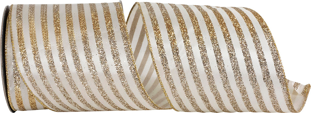 4 Inch Gold Silver Glitter Stripes Wired Edge Ribbon