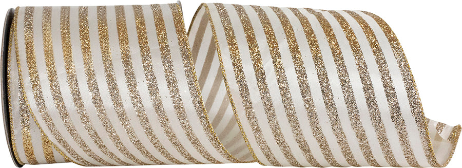 4 Inch Gold Silver Glitter Stripes Wired Edge Ribbon