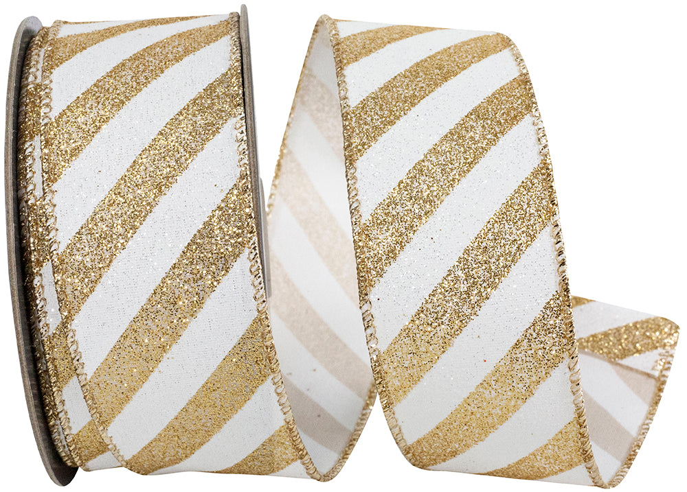 Wired Edge Ribbon White Gold 1-1/2 Inch Glitter Bling
