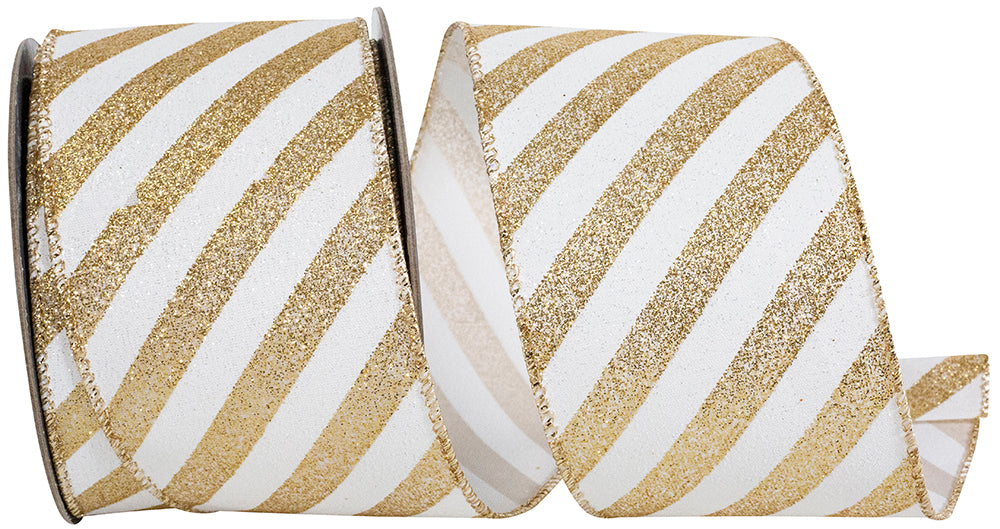 Wired Edge Ribbon White Gold 2-1/2 Inch Glitter Bling