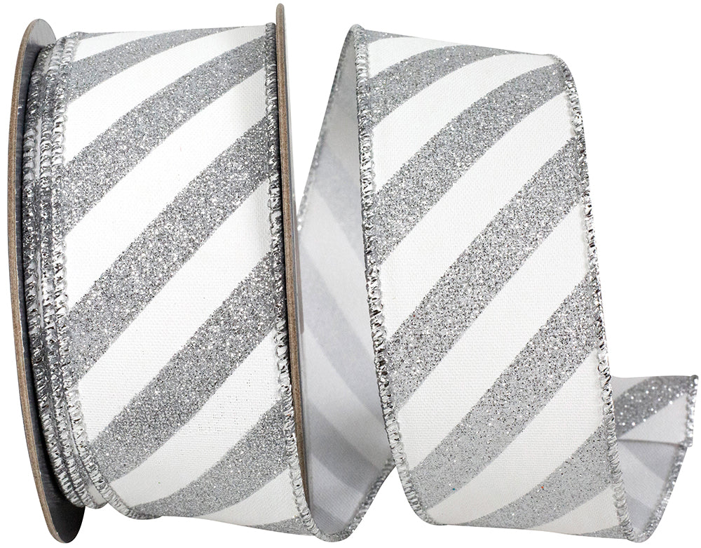 Wired Edge Ribbon White Silver 1-1/2 Inch Glitter Bling