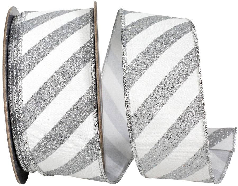 Wired Edge Ribbon White Silver 1-1/2 Inch Glitter Bling