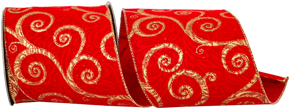 Glitter Velvet Wired Edge Ribbon Red Gold 4 Inch for Bows
