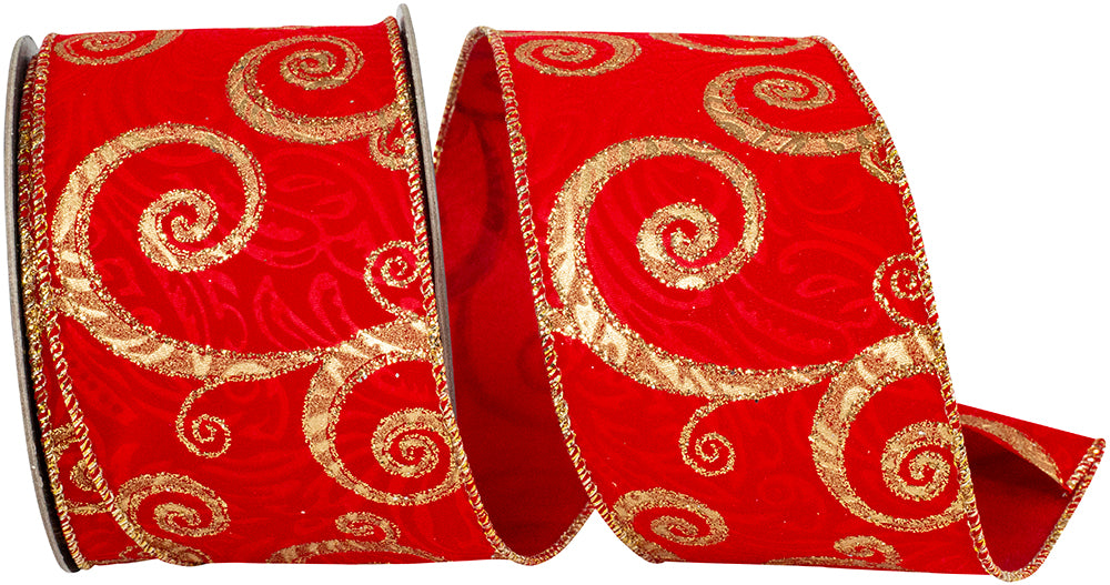 Red Gold 2-1/2 Inch Glitter Velvet Wired Edge Ribbon