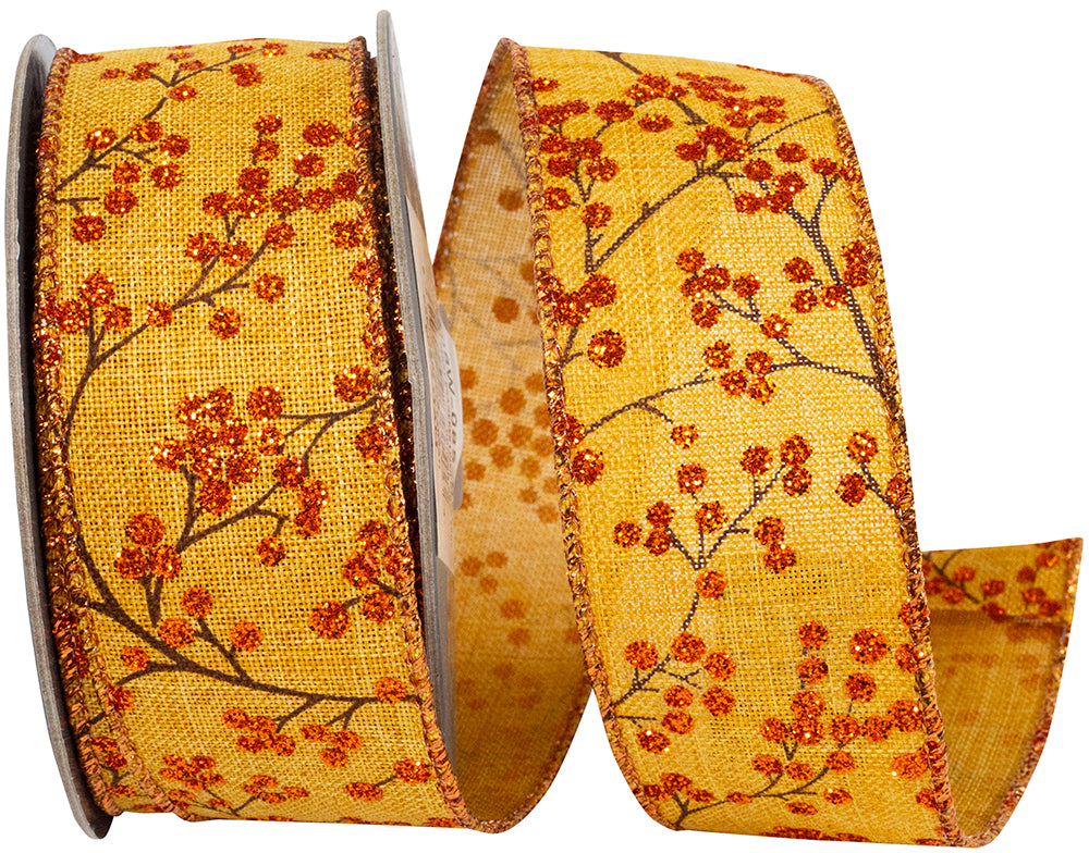 Copper 1-1 2 Inch Forest Tonal Berry Branches Linen Wired Edge Ribbon for Wreaths & Bows