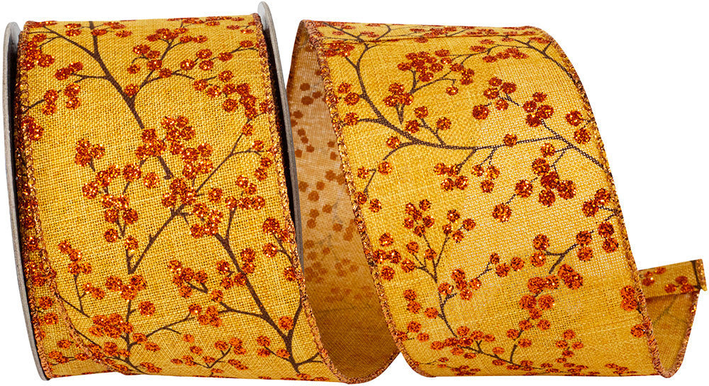 Copper 2-1 2 Inch Forest Tonal Berry Branches Linen Wired Edge Ribbon for Wreaths & Bows