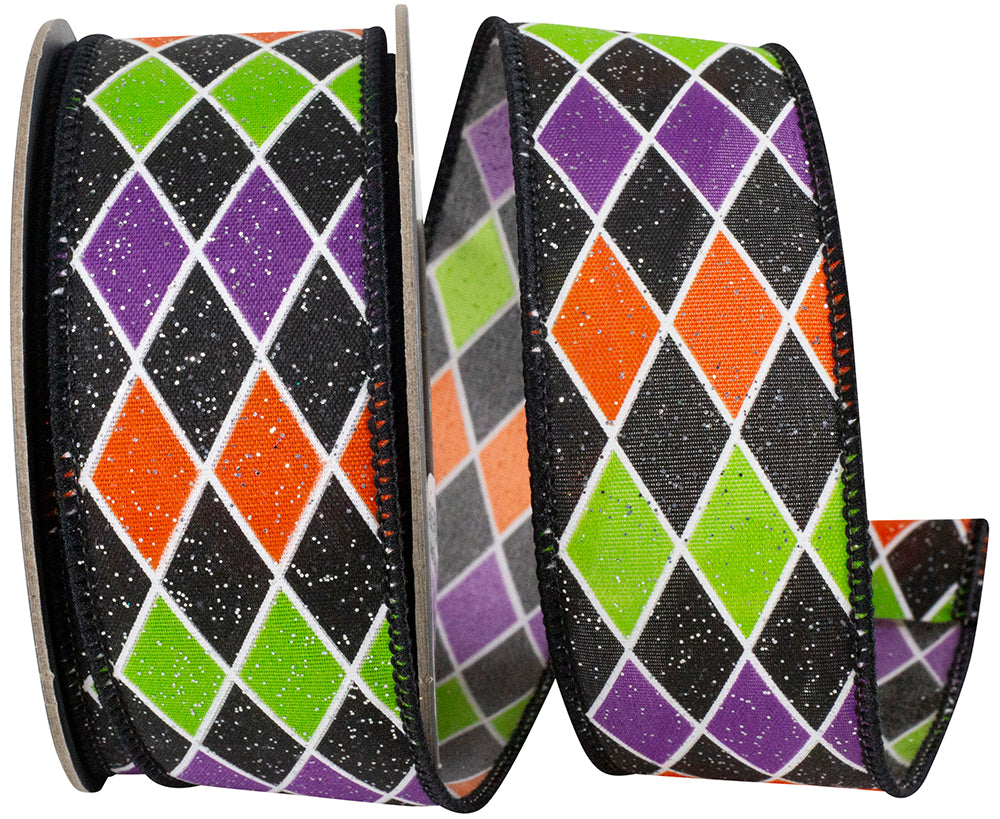 Halloween Diamond Colors Glitter Ribbon 1-1/2 Inch Multi