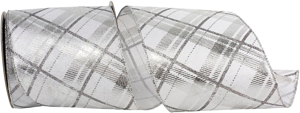 Plaid Twill Printed Metallic Wired Edge Ribbon White Silver 4 Inch