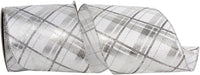 Plaid Twill Printed Metallic Wired Edge Ribbon White Silver 4 Inch
