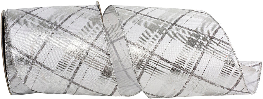 Plaid Twill Printed Metallic Wired Edge Ribbon White Silver 4 Inch