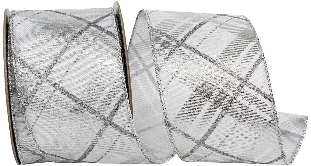 Plaid Twill Metallic Wired Edge Ribbon White Silver 2-1/2 Inch