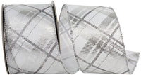 Plaid Twill Metallic Wired Edge Ribbon White Silver 2-1/2 Inch
