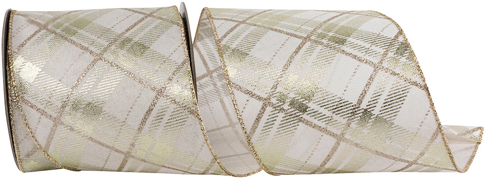 Plaid Twill Metallic Wired Edge Ribbon Ivory Gold 4 Inch