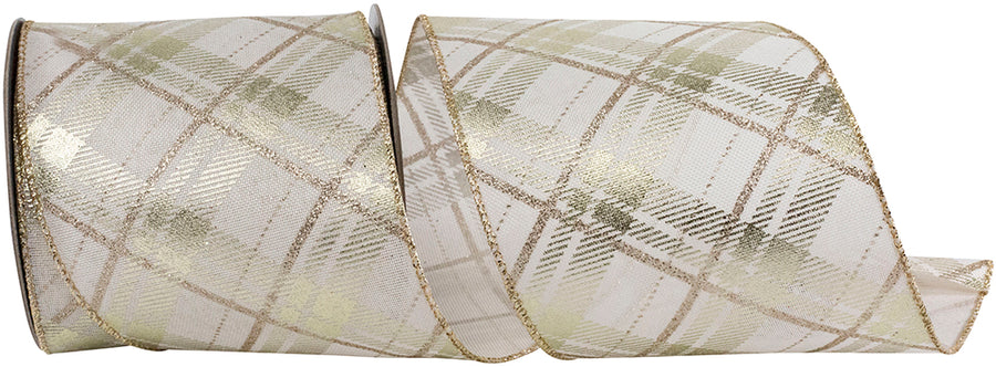 Plaid Twill Metallic Wired Edge Ribbon Ivory Gold 4 Inch
