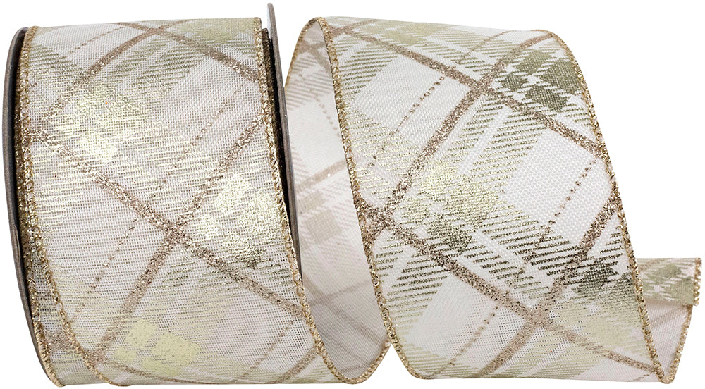 Plaid Twill Metallic Wired Edge Ribbon Ivory Gold 2-1/2 Inch