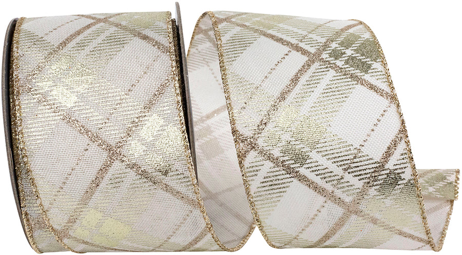 Plaid Twill Metallic Wired Edge Ribbon Ivory Gold 2-1/2 Inch