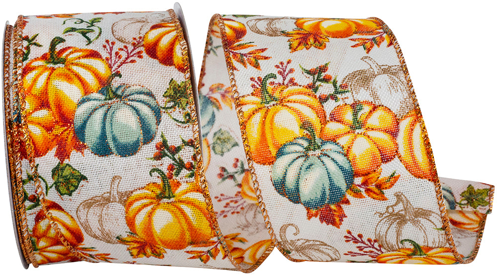 Pumpkin Patch Glitter Linen Wired Edge Ribbon 2-1/2 Inch Multi
