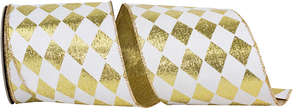 Diamond Metallic Wired Edge Ribbon White Gold 4 Inch