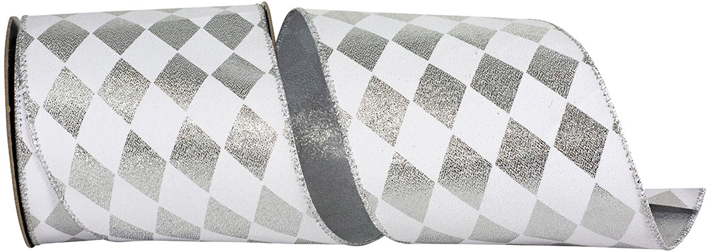 Diamond Metallic Wired Edge Ribbon White Silver 4 Inch
