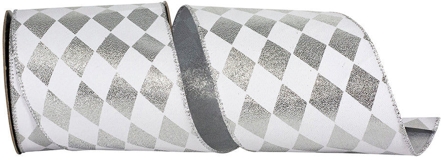 Diamond Metallic Wired Edge Ribbon White Silver 4 Inch
