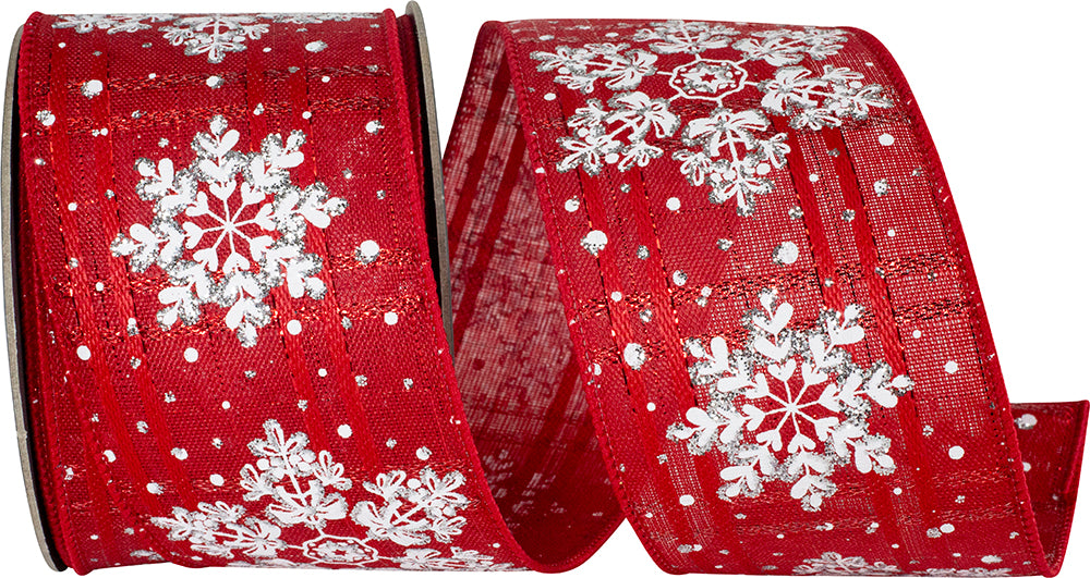Snowflakes Plaid Wired Edge Ribbon Red White 2-1/2 Inch