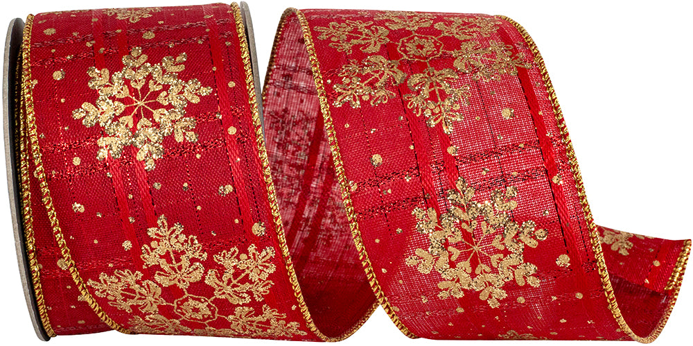 Snowflakes Subtle Plaid Wired Edge Ribbon Red Gold 2-1/2 Inch
