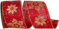 Snowflakes Subtle Plaid Wired Edge Ribbon Red Gold 2-1/2 Inch