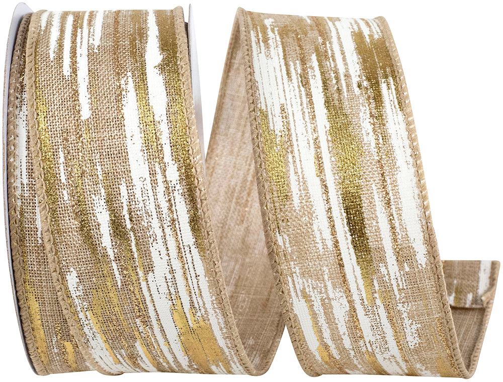 Birch Bark Metallic Linen Ribbon Ivory Gold 1-1/2 Inch