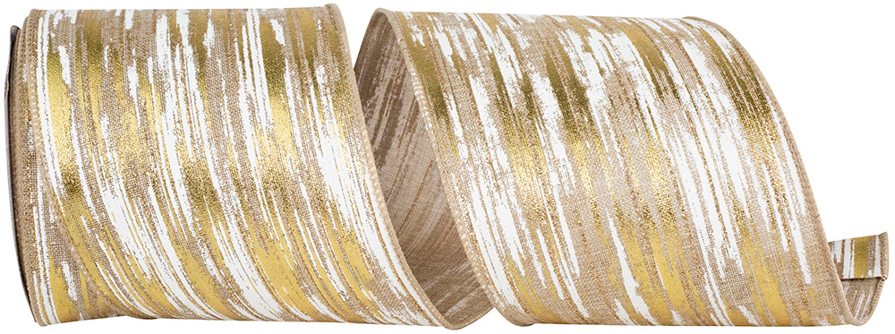 Birch Bark Metallic Linen Ribbon Ivory Gold 4 Inch