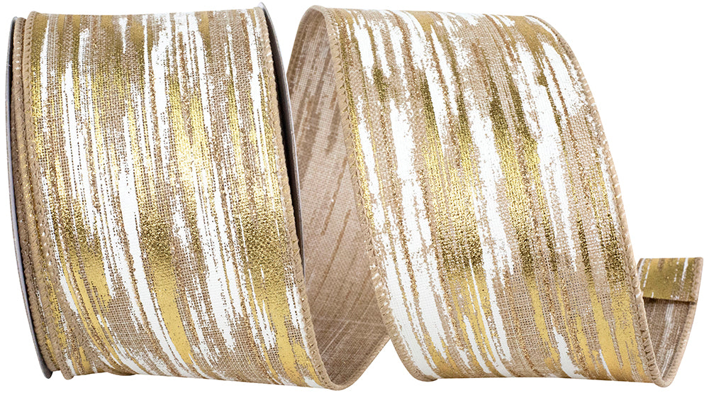 Birch Bark Metallic Linen Ribbon Ivory Gold 2-1/2 Inch
