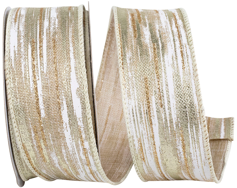 Birch Bark Metallic Linen Ribbon Ivory Silver 1-1/2 Inch