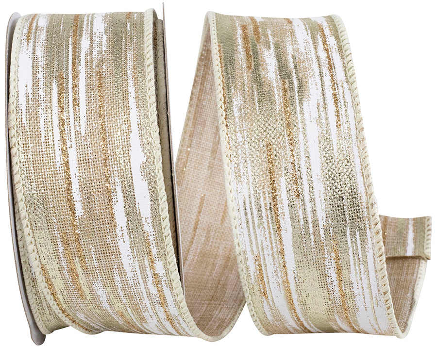 Birch Bark Metallic Linen Ribbon Ivory Silver 1-1/2 Inch