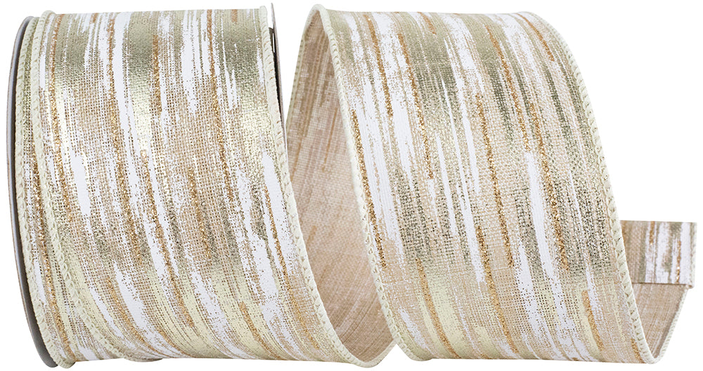 Birch Bark Metallic Linen Ribbon Ivory Silver 2-1/2 Inch