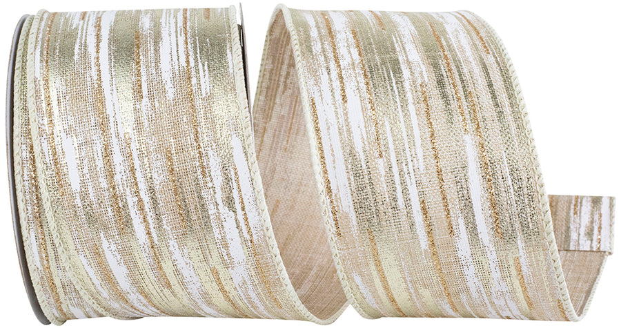 Birch Bark Metallic Linen Ribbon Ivory Silver 2-1/2 Inch