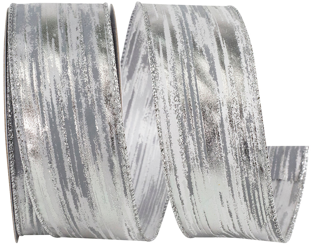 Birch Bark Metallic Wired Edge Ribbon White Silver 1-1/2 Inch