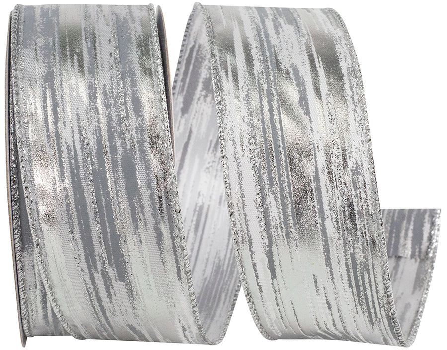 Birch Bark Metallic Wired Edge Ribbon White Silver 1-1/2 Inch