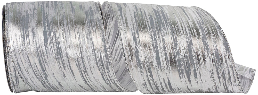 Birch Bark Metallic Wired Edge Ribbon White Silver 4 Inch